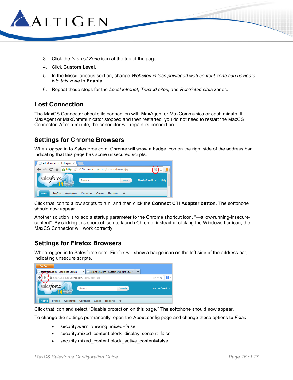 Lost connection, Settings for chrome browsers, Settings for firefox browsers | AltiGen MAXCS 7.5 Salesforce Connector Configuration Guide User Manual | Page 16 / 17