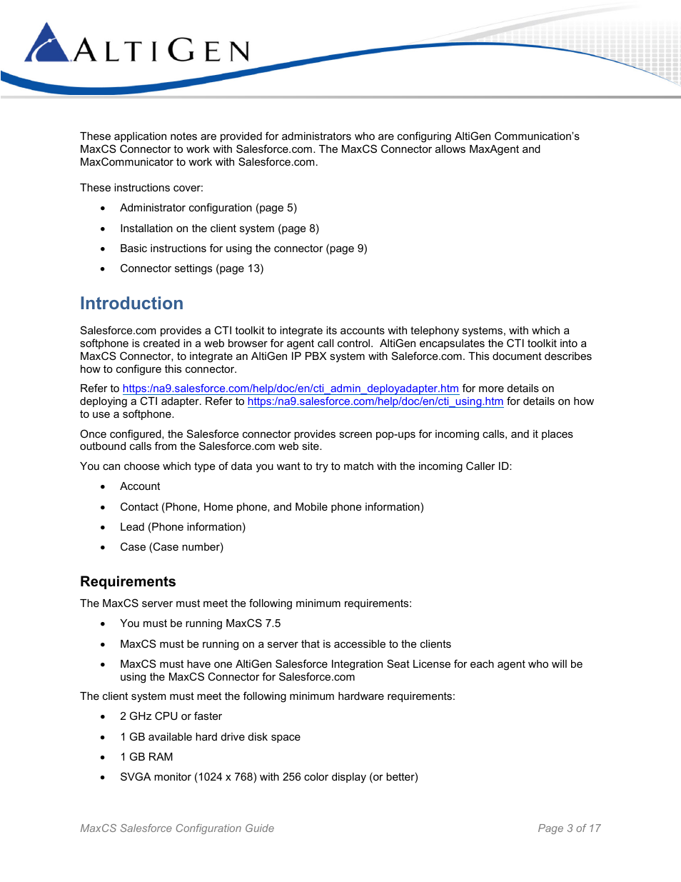 Introduction, Requirements | AltiGen MAXCS 7.5 Salesforce Connector Configuration Guide User Manual | Page 3 / 17