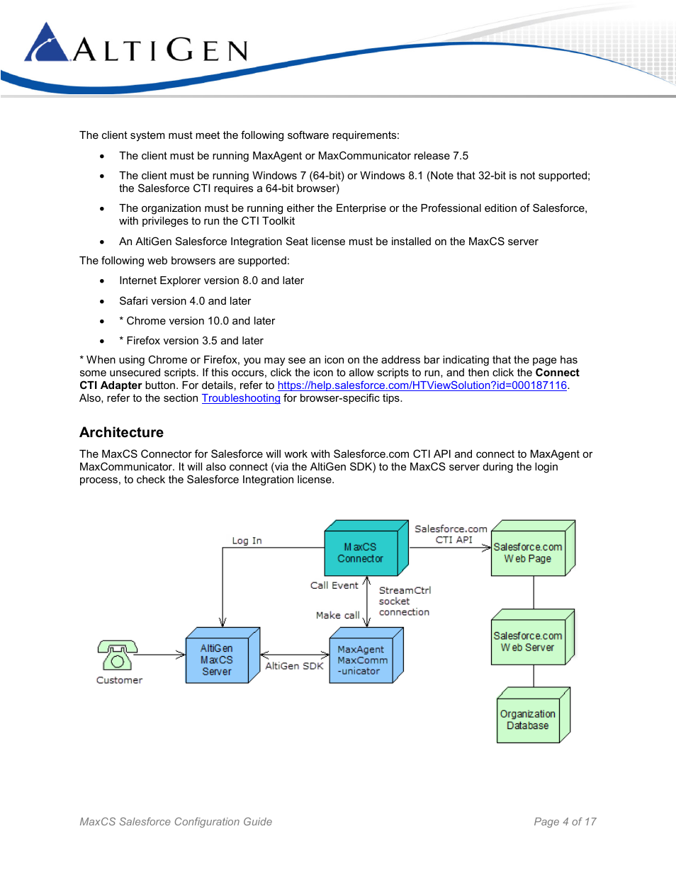Architecture | AltiGen MAXCS 7.5 Salesforce Connector Configuration Guide User Manual | Page 4 / 17