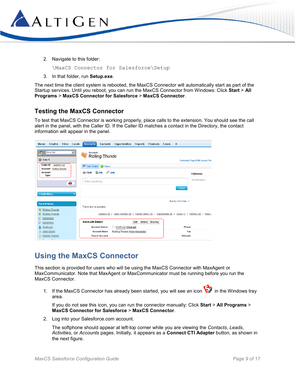 Testing the maxcs connector, Using the maxcs connector, Age 9) | AltiGen MAXCS 7.5 Salesforce Connector Configuration Guide User Manual | Page 9 / 17