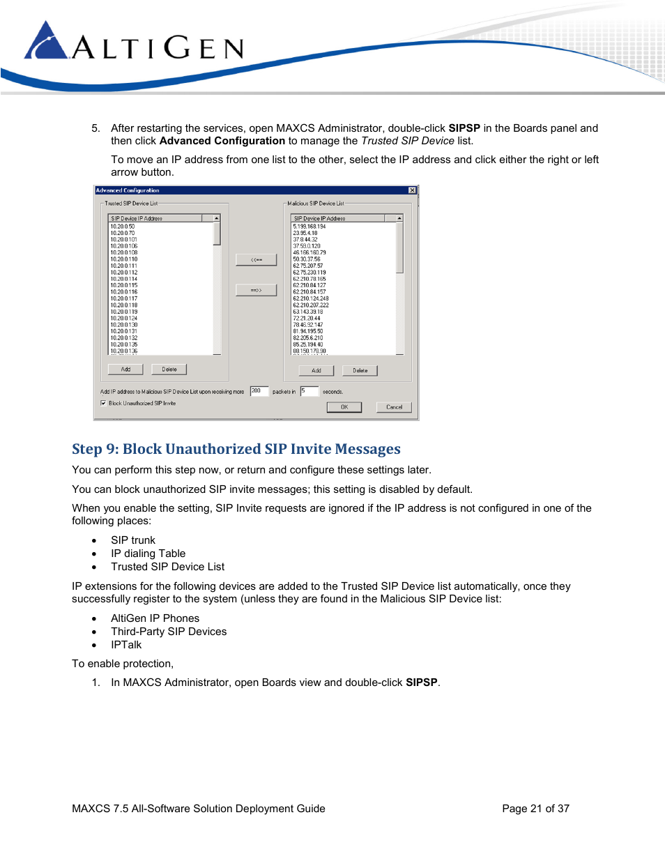 Step 9: block unauthorized sip invite messages | AltiGen MAXCS 7.5 Softswitch Deployment Guide User Manual | Page 21 / 37