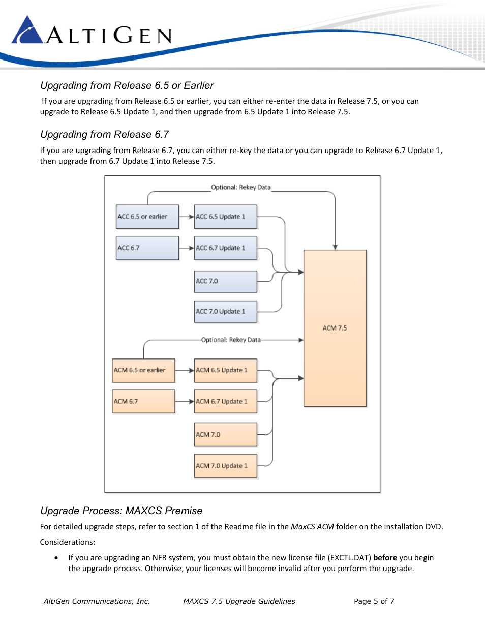 Upgrading from release 6.5 or earlier, Upgrading from release 6.7, Upgrade process: maxcs premise | AltiGen MAXCS 7.5 Upgrade Guidelines User Manual | Page 5 / 7