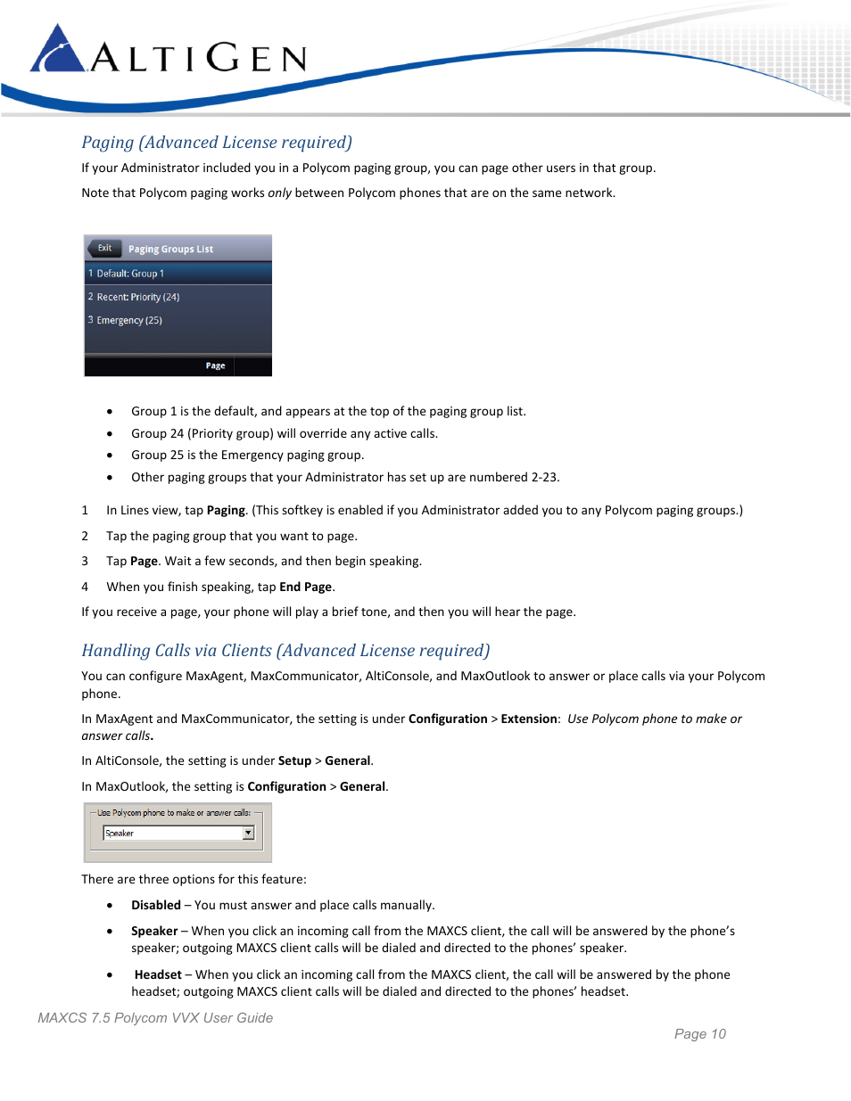 Paging (advanced license required) | AltiGen MAXCS 7.5 Polycom VVX User Guide User Manual | Page 10 / 11