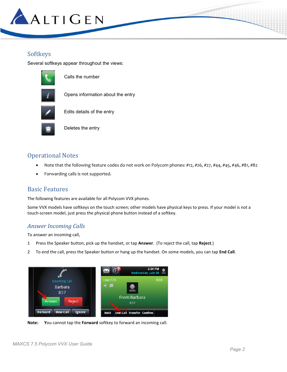 Softkeys, Operational notes, Basic features | Answer incoming calls | AltiGen MAXCS 7.5 Polycom VVX User Guide User Manual | Page 2 / 11