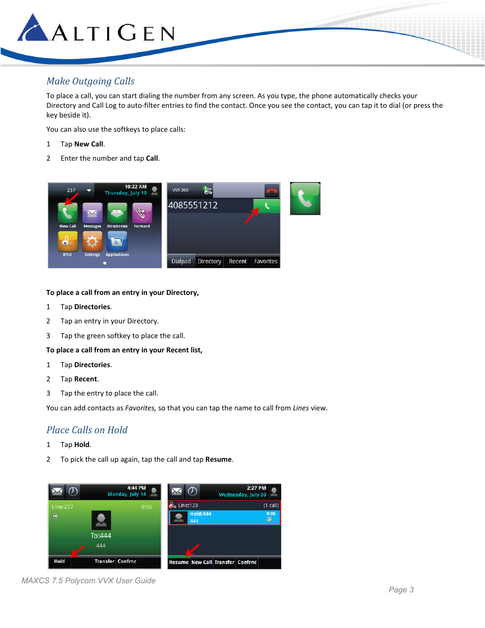 Make outgoing calls, Place calls on hold | AltiGen MAXCS 7.5 Polycom VVX User Guide User Manual | Page 3 / 11