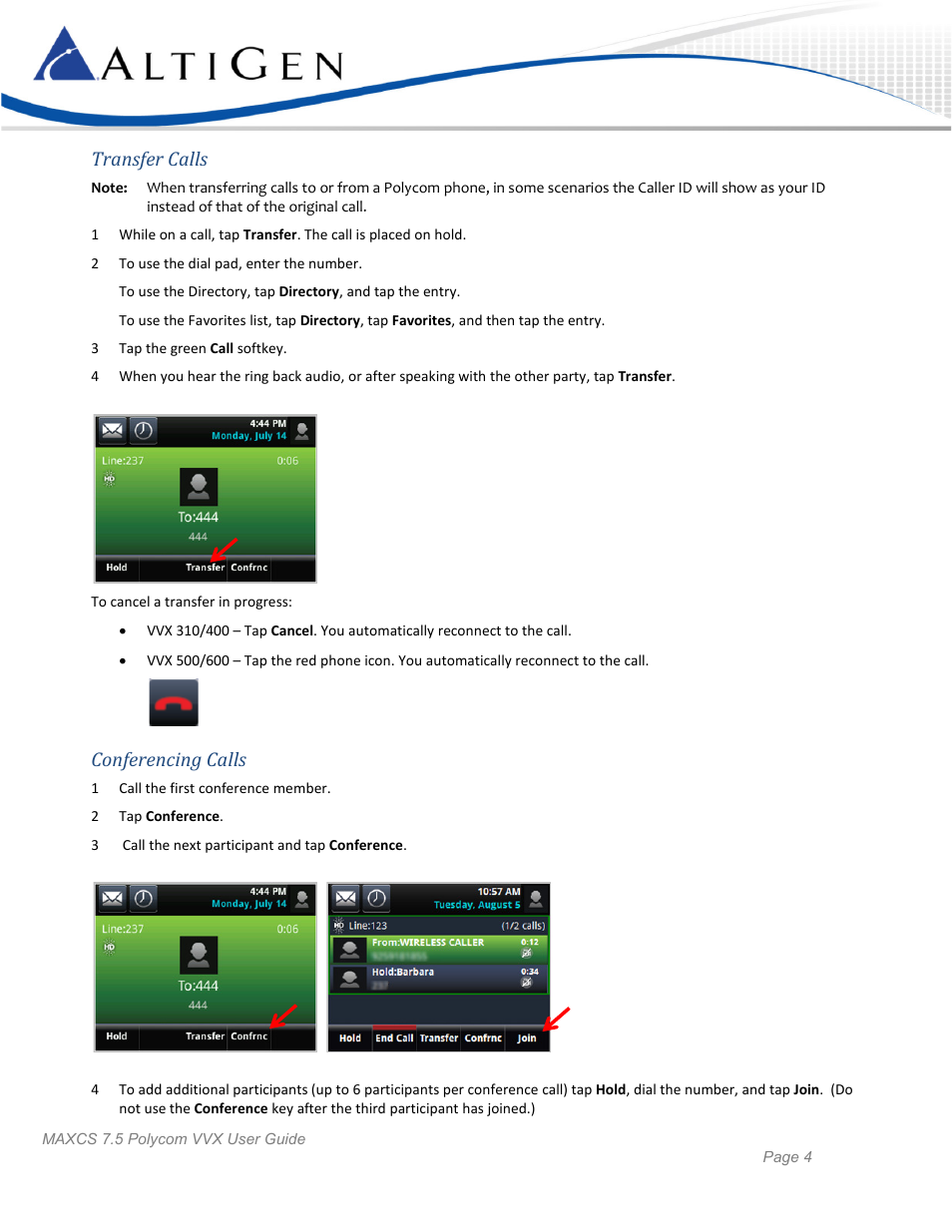 Transfer calls, Conferencing calls | AltiGen MAXCS 7.5 Polycom VVX User Guide User Manual | Page 4 / 11