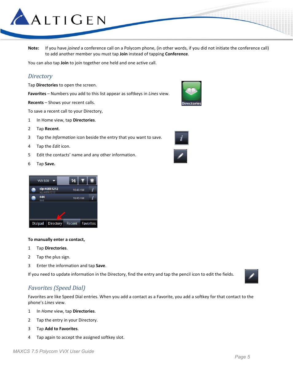 Directory, Favorites (speed dial) | AltiGen MAXCS 7.5 Polycom VVX User Guide User Manual | Page 5 / 11