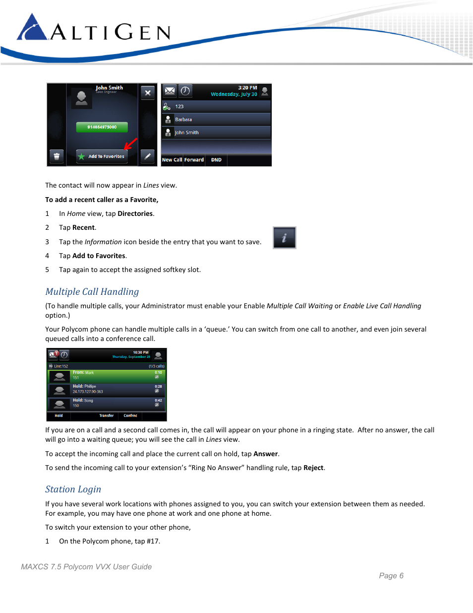 Multiple call handling, Station login | AltiGen MAXCS 7.5 Polycom VVX User Guide User Manual | Page 6 / 11