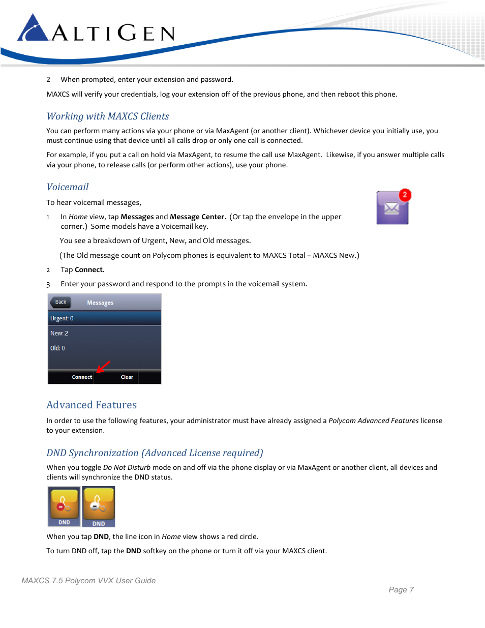 Working with maxcs clients, Voicemail, Advanced features | Dnd synchronization (advanced license required) | AltiGen MAXCS 7.5 Polycom VVX User Guide User Manual | Page 7 / 11