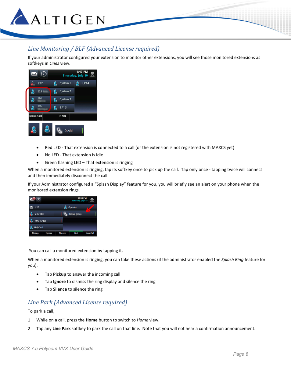 Line monitoring / blf (advanced license required), Line park (advanced license required) | AltiGen MAXCS 7.5 Polycom VVX User Guide User Manual | Page 8 / 11