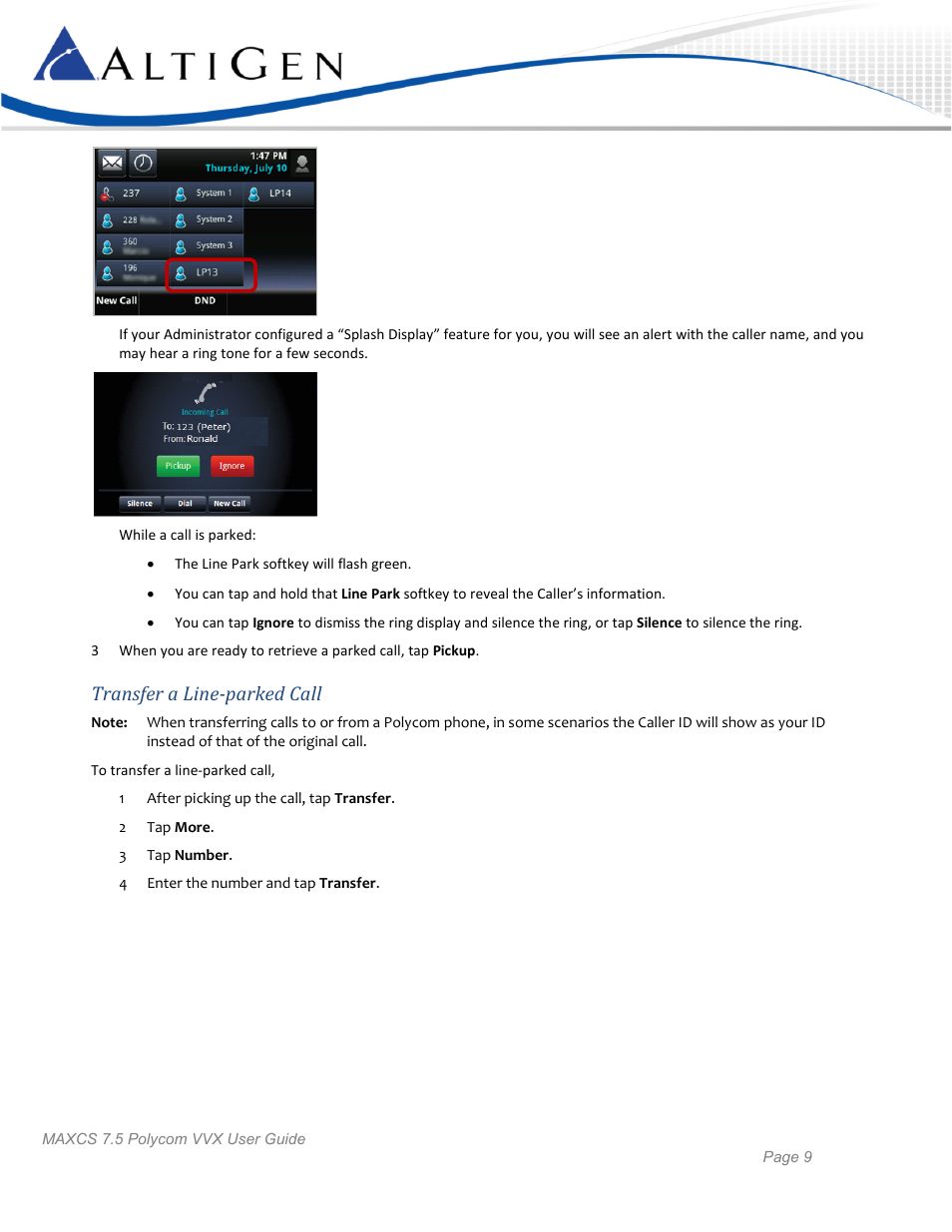 Transfer a line-parked call | AltiGen MAXCS 7.5 Polycom VVX User Guide User Manual | Page 9 / 11