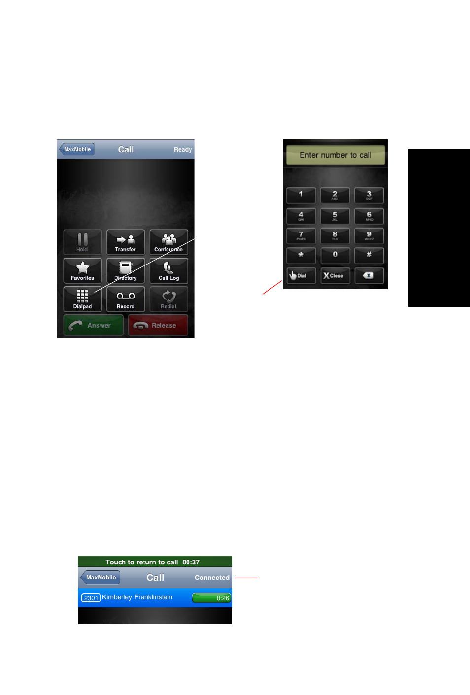 Making a call using the dial pad, Call view | AltiGen MAXCS 7.5 MaxMobile User Guide, iPhone User Manual | Page 15 / 32