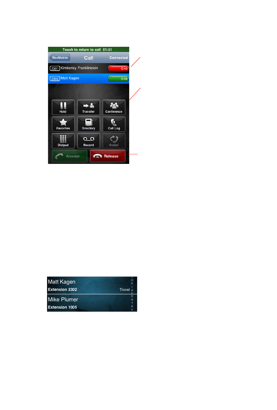 Using the directory | AltiGen MAXCS 7.5 MaxMobile User Guide, iPhone User Manual | Page 16 / 32
