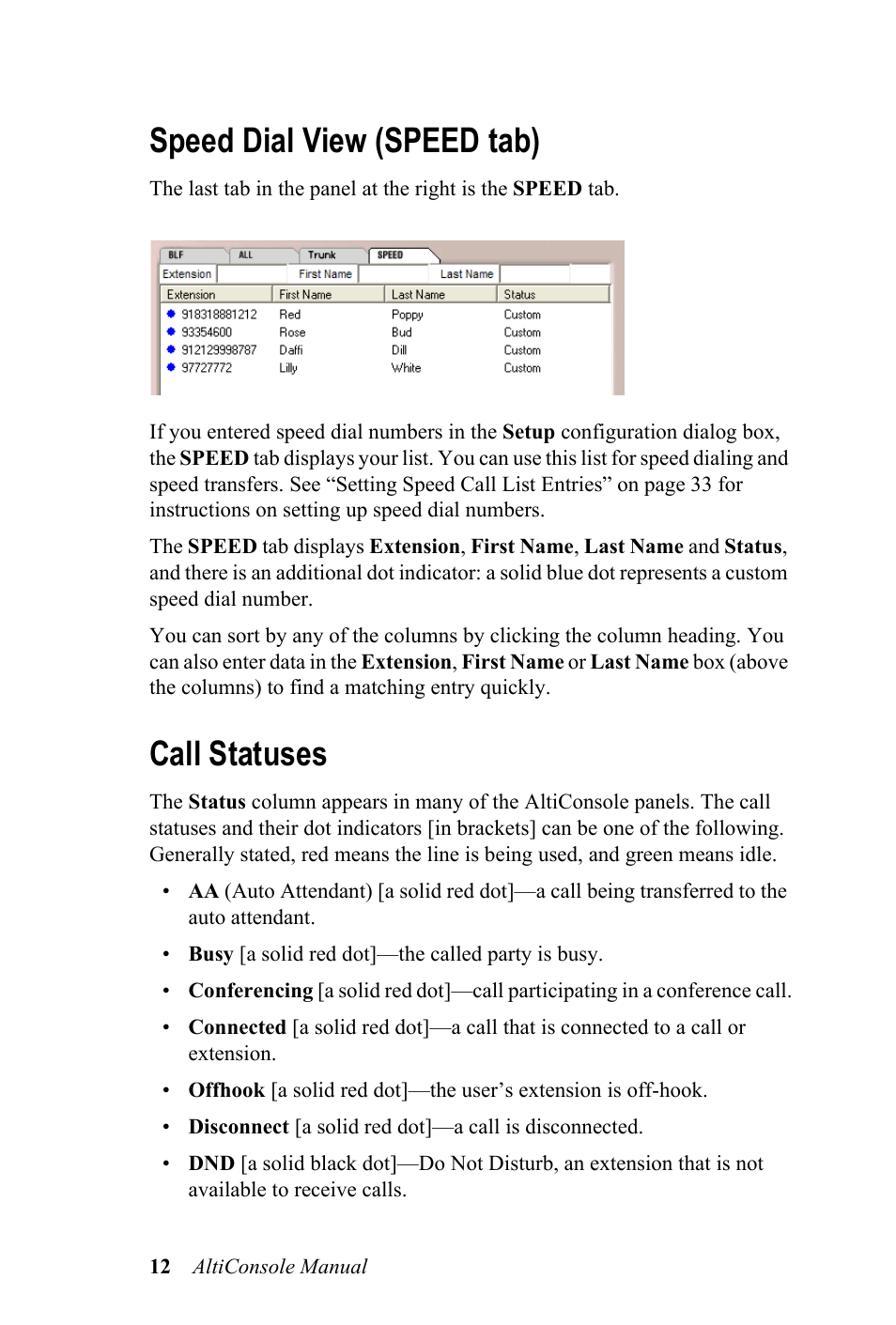 Speed dial view (speed tab), Call statuses, Speed dial view (speed tab) call statuses | AltiGen MAXCS 7.0 Update 1 AltiConsole User Manual | Page 16 / 44