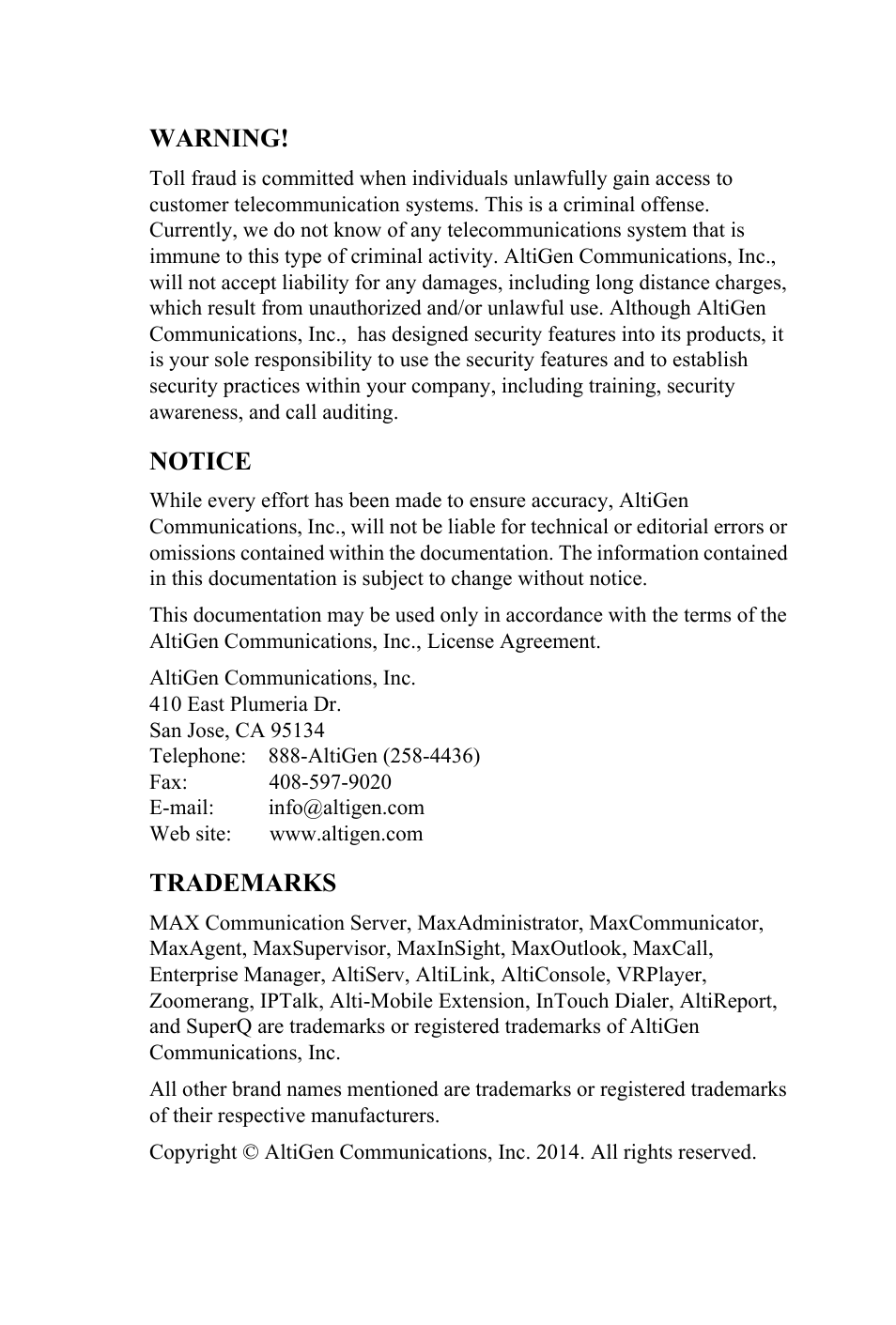 Warning, Notice, Trademarks | AltiGen MAXCS 7.0 Update 1 AltiConsole User Manual | Page 2 / 44