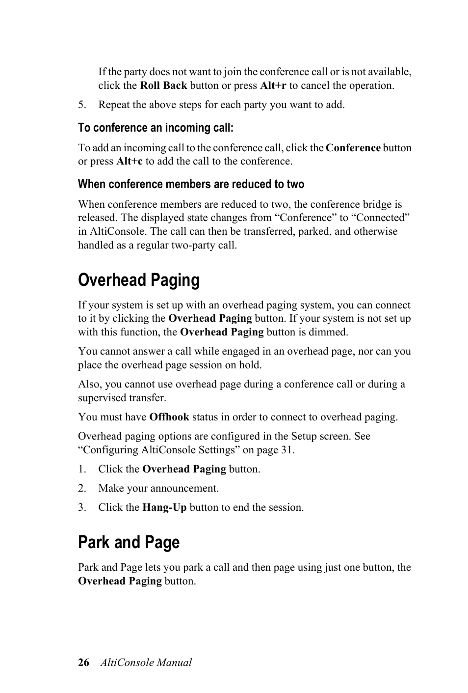 Overhead paging, Park and page | AltiGen MAXCS 7.0 Update 1 AltiConsole User Manual | Page 30 / 44