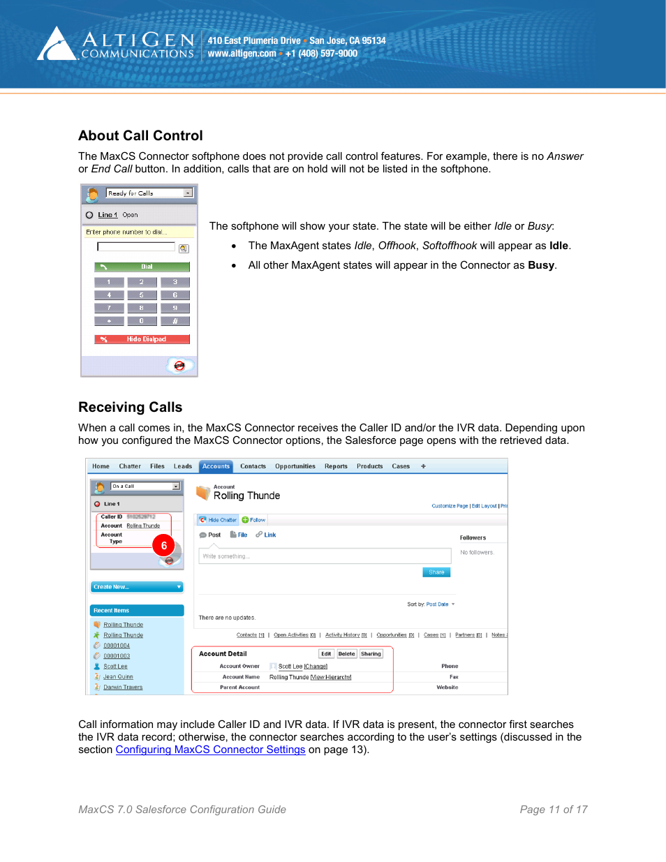 About call control, Receiving calls | AltiGen MAXCS 7.0 Update 1 Salesforce Connector Configuration Guide User Manual | Page 11 / 17