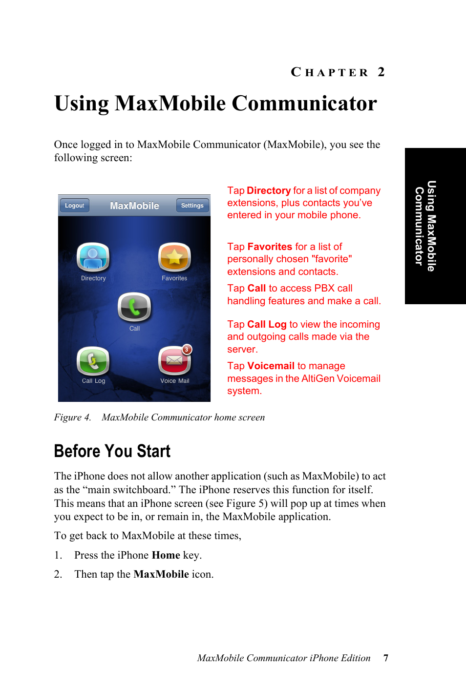 Using maxmobile communicator, Before you start, Hapter | AltiGen MAXCS 7.0 Update 1 MaxMobile User Guide for iPhone User Manual | Page 11 / 32