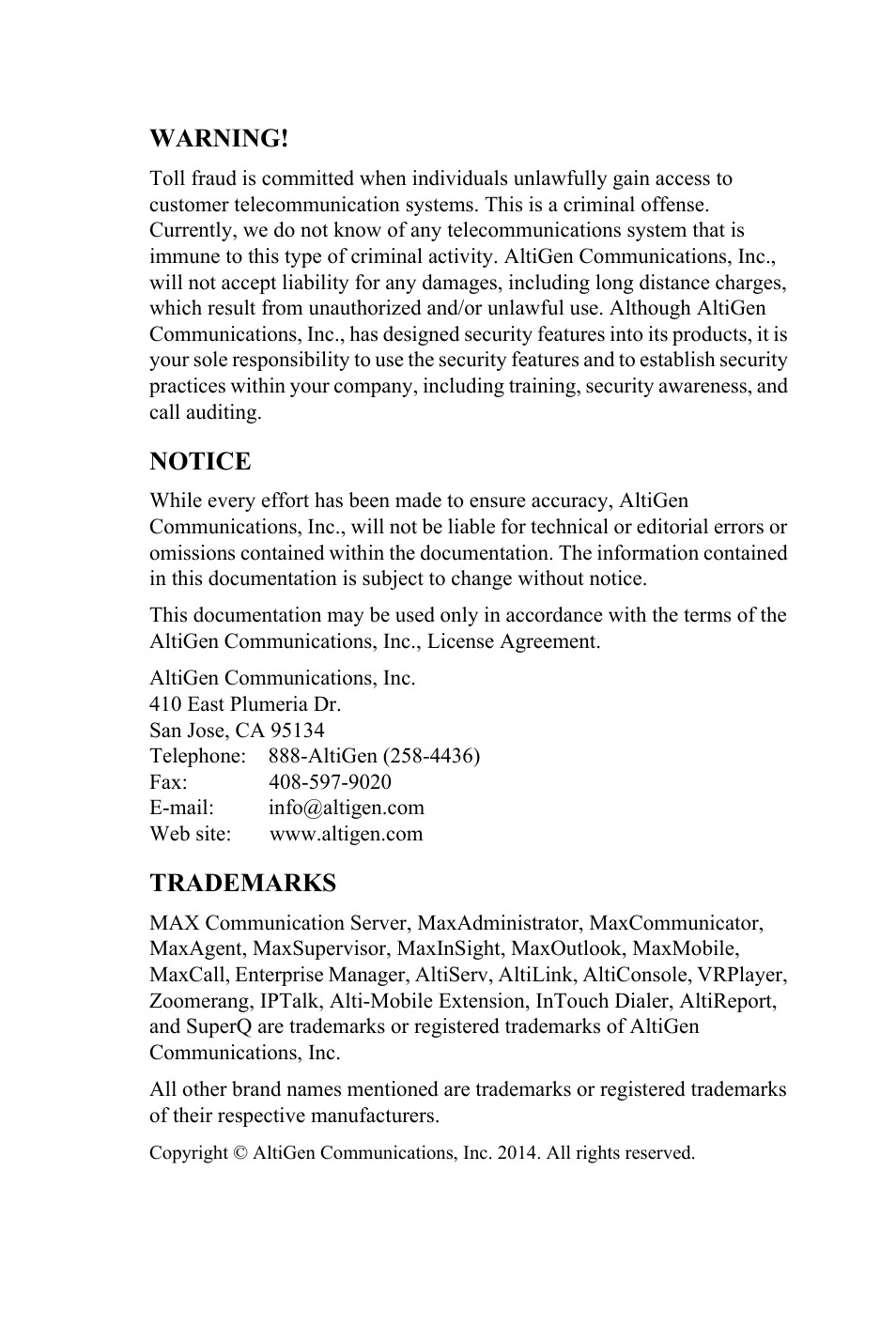 Warning, Notice, Trademarks | AltiGen MAXCS 7.0 Update 1 MaxMobile User Guide for iPhone User Manual | Page 2 / 32