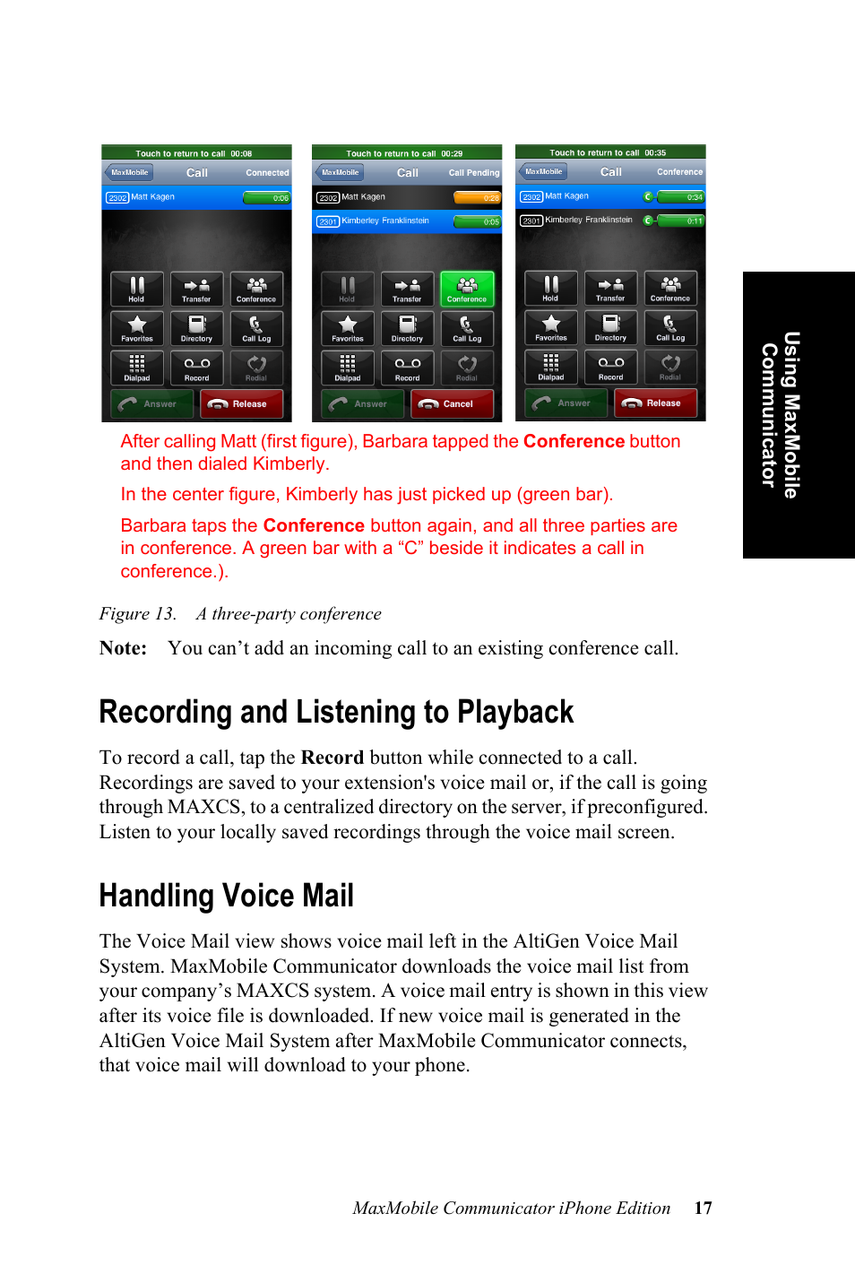 Recording and listening to playback, Handling voice mail | AltiGen MAXCS 7.0 Update 1 MaxMobile User Guide for iPhone User Manual | Page 21 / 32