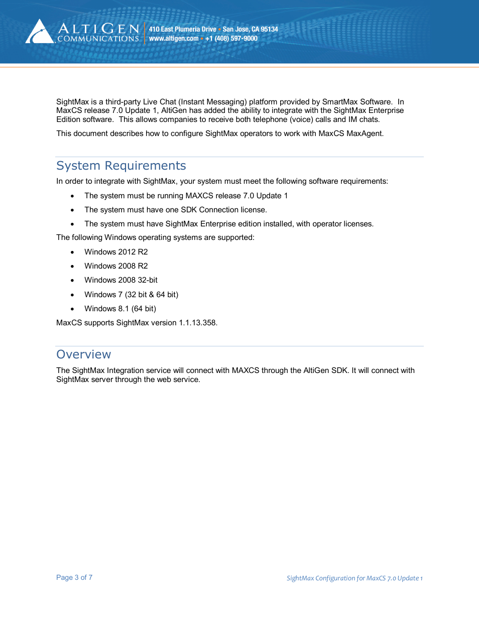 System requirements, Overview | AltiGen MAXCS 7.0 Update 1 SightMax User Manual | Page 3 / 7