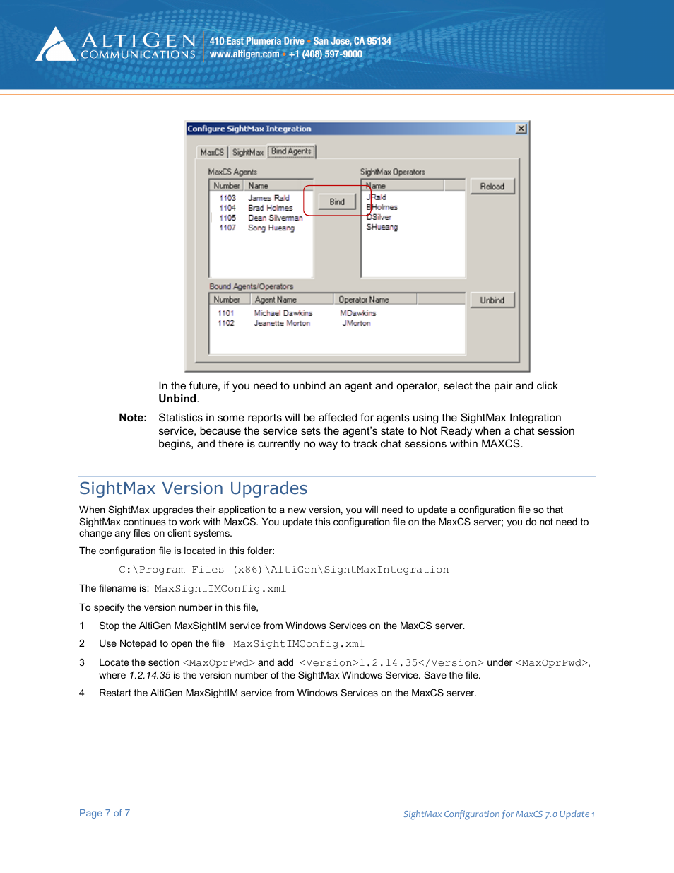 Sightmax version upgrades | AltiGen MAXCS 7.0 Update 1 SightMax User Manual | Page 7 / 7