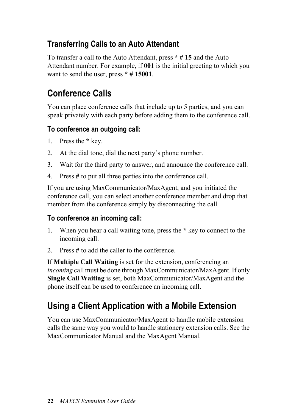 Conference calls, Using a client application with a mobile extension, Transferring calls to an auto attendant | AltiGen MAXCS 7.0 Extension User Guide User Manual | Page 28 / 48