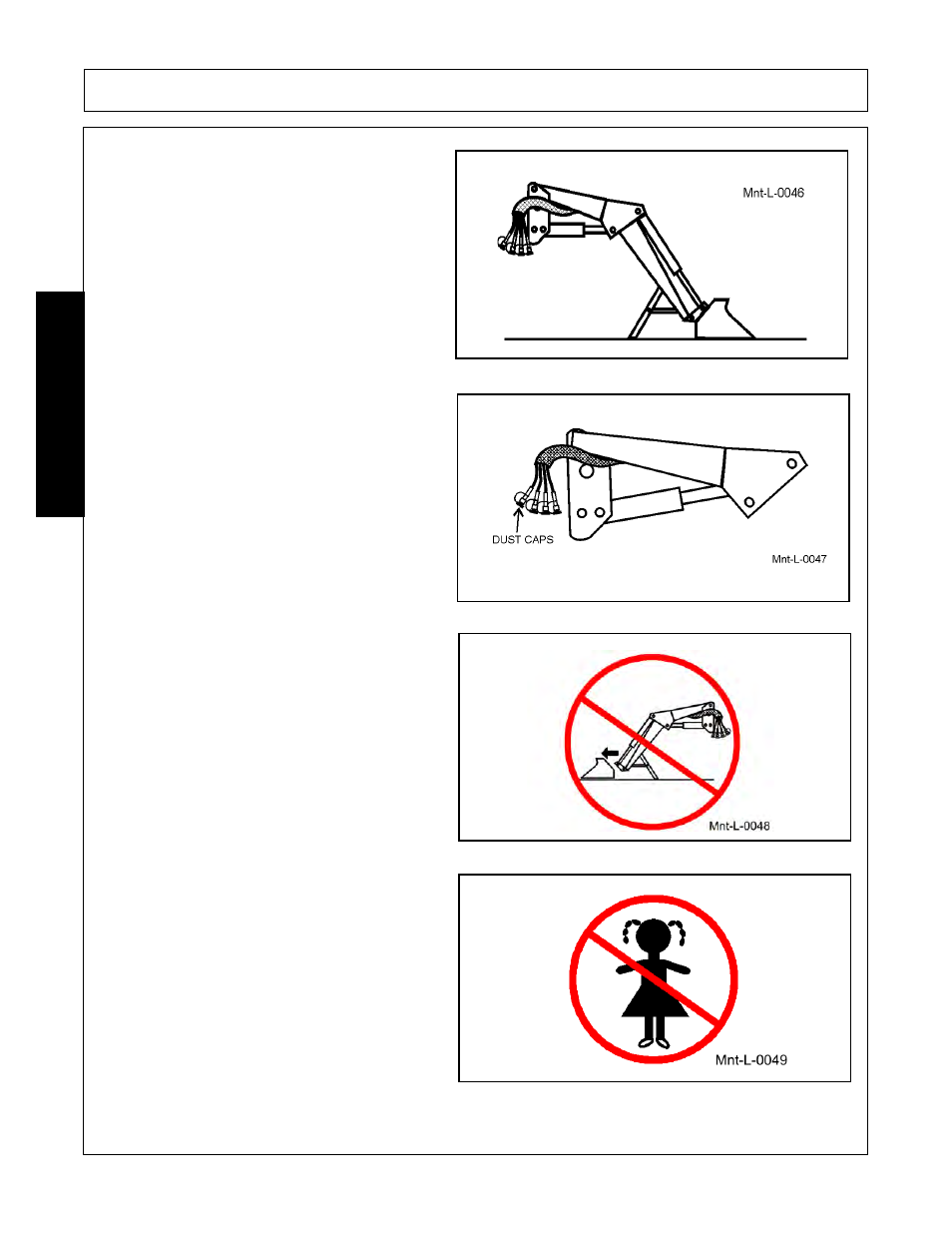 Store loader with attachment securely attached, Place dust caps on hydraulic quick couplers, Do not remove attachment from stored loader | Do not allow children to play on or around loader, Maintenance | Bush Hog 2387 User Manual | Page 98 / 104