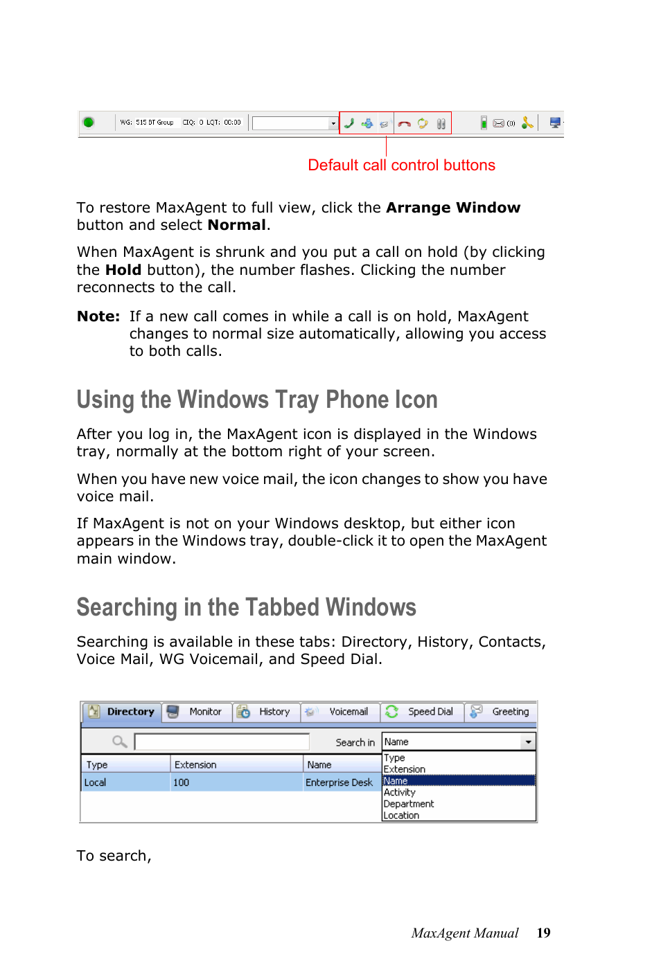 Using the windows tray phone icon, Searching in the tabbed windows | AltiGen MAXCS 7.0 MaxAgent User Manual | Page 25 / 93