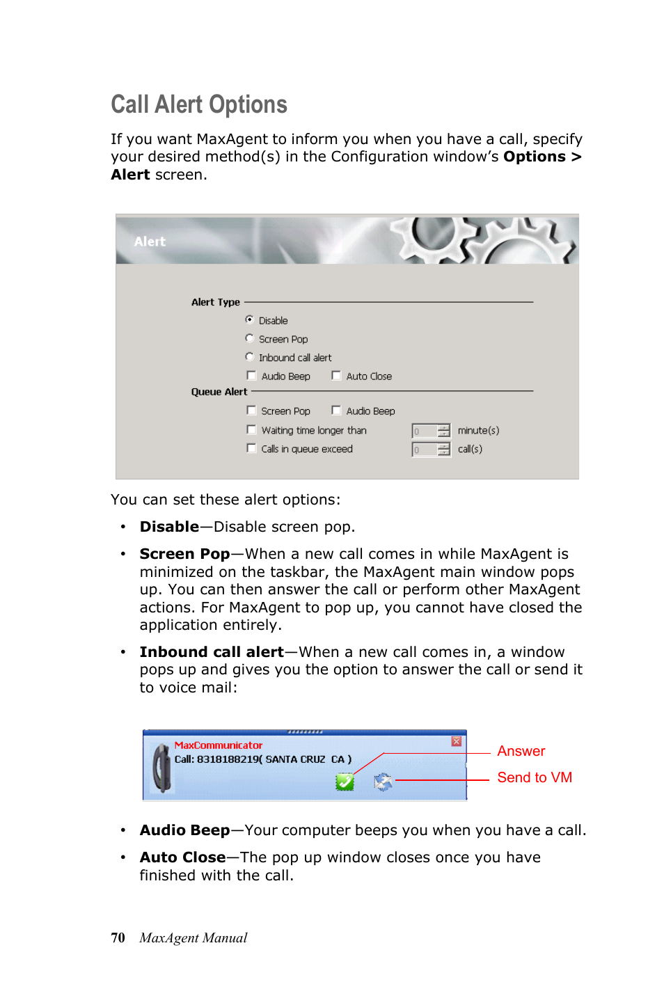 Call alert options | AltiGen MAXCS 7.0 MaxAgent User Manual | Page 76 / 93