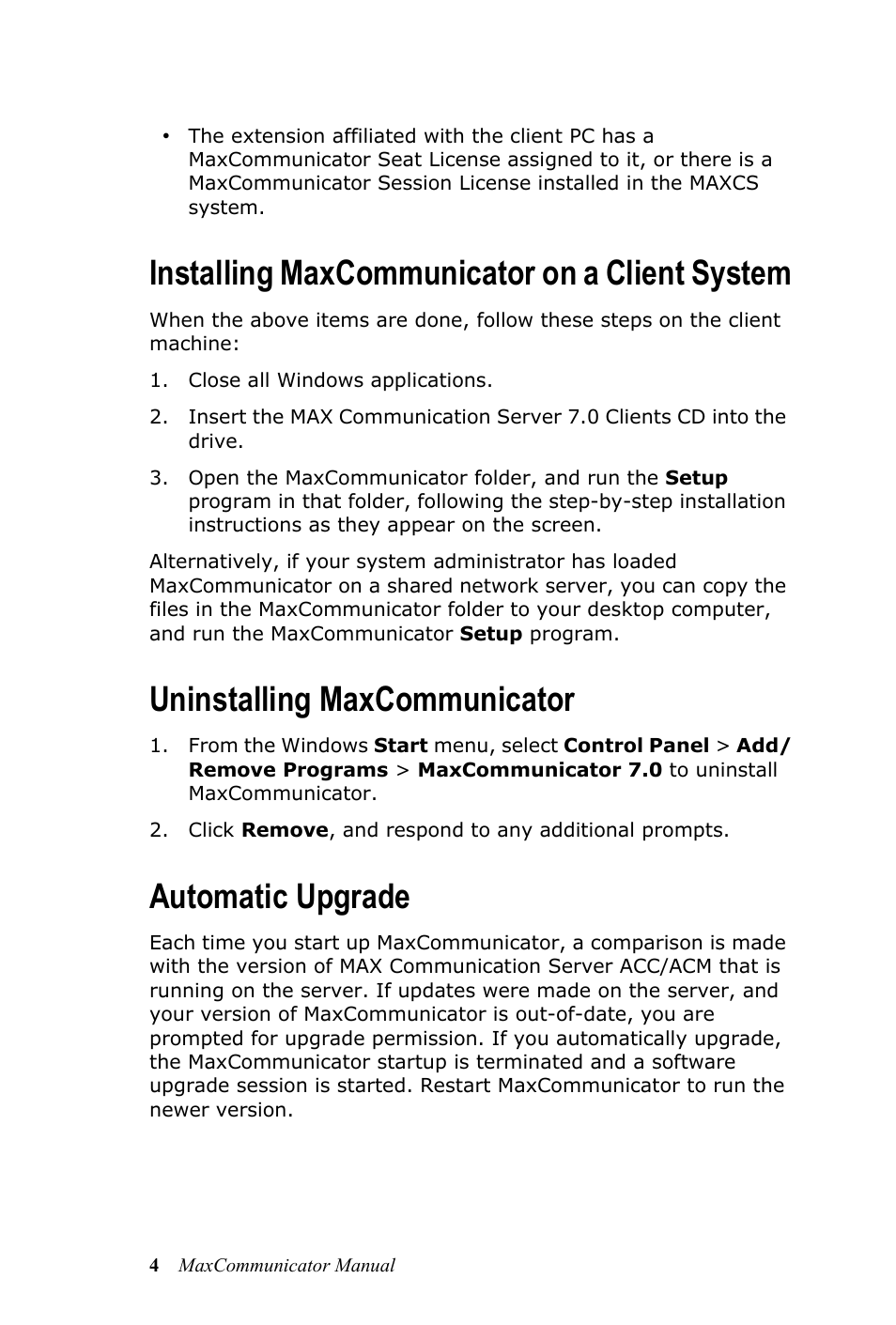Installing maxcommunicator on a client system, Uninstalling maxcommunicator, Automatic upgrade | AltiGen MAXCS 7.0 MaxCommunicator User Manual | Page 10 / 87