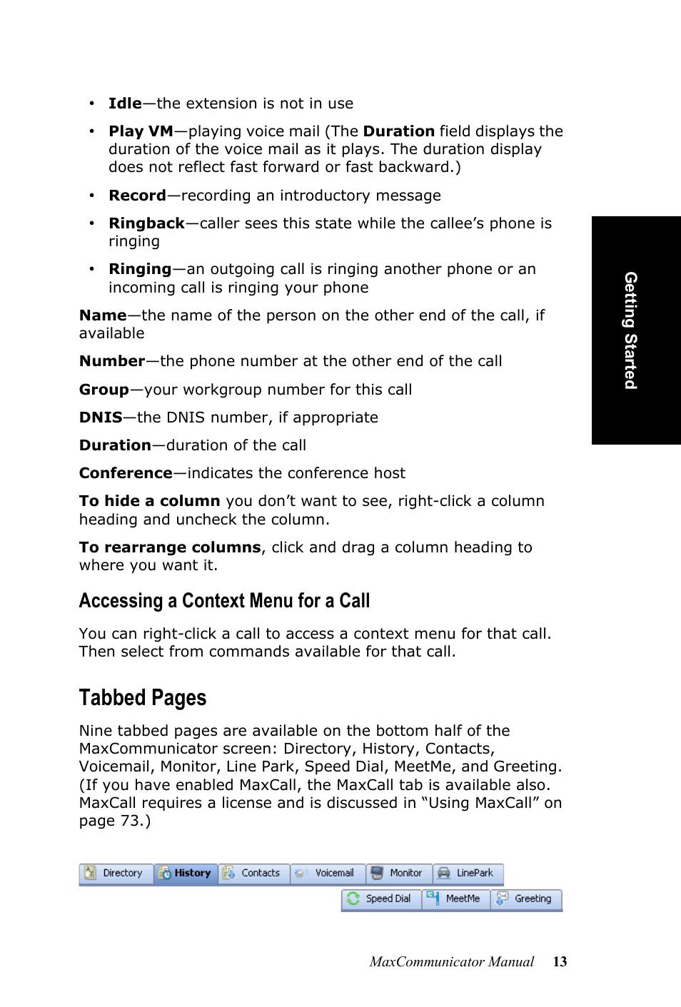 Tabbed pages, Accessing a context menu for a call | AltiGen MAXCS 7.0 MaxCommunicator User Manual | Page 19 / 87