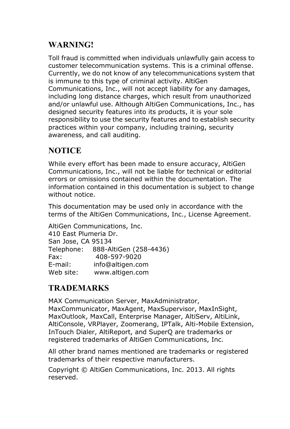 Warning, Notice, Trademarks | AltiGen MAXCS 7.0 MaxCommunicator User Manual | Page 2 / 87