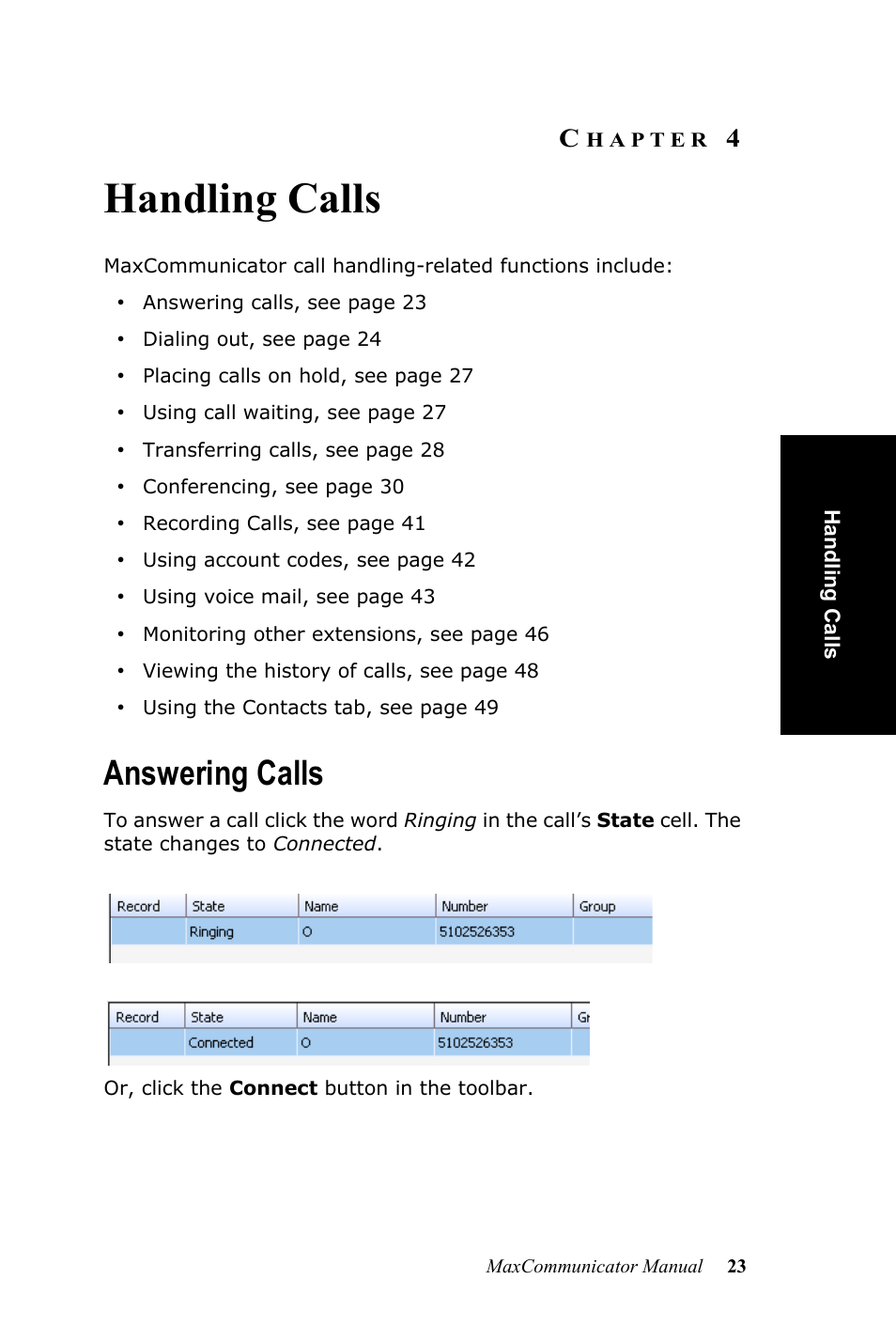 Handling calls, Answering calls, Hapter | AltiGen MAXCS 7.0 MaxCommunicator User Manual | Page 29 / 87