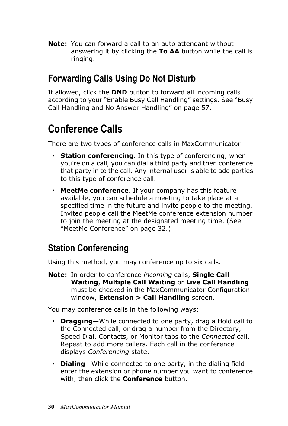 Forwarding calls using do not disturb, Conference calls, Station conferencing | AltiGen MAXCS 7.0 MaxCommunicator User Manual | Page 36 / 87