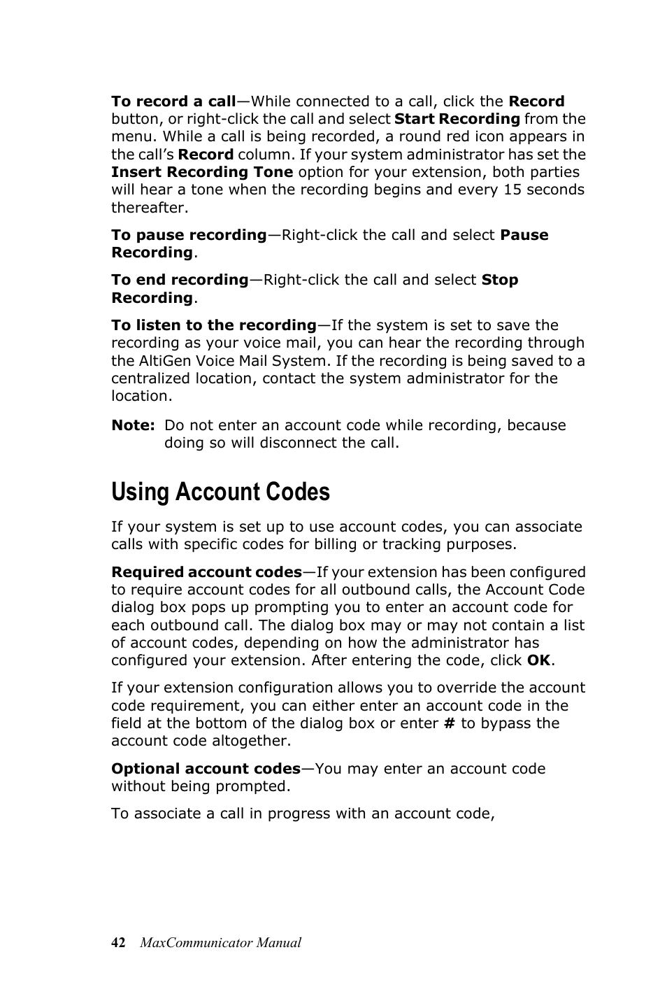 Using account codes | AltiGen MAXCS 7.0 MaxCommunicator User Manual | Page 48 / 87