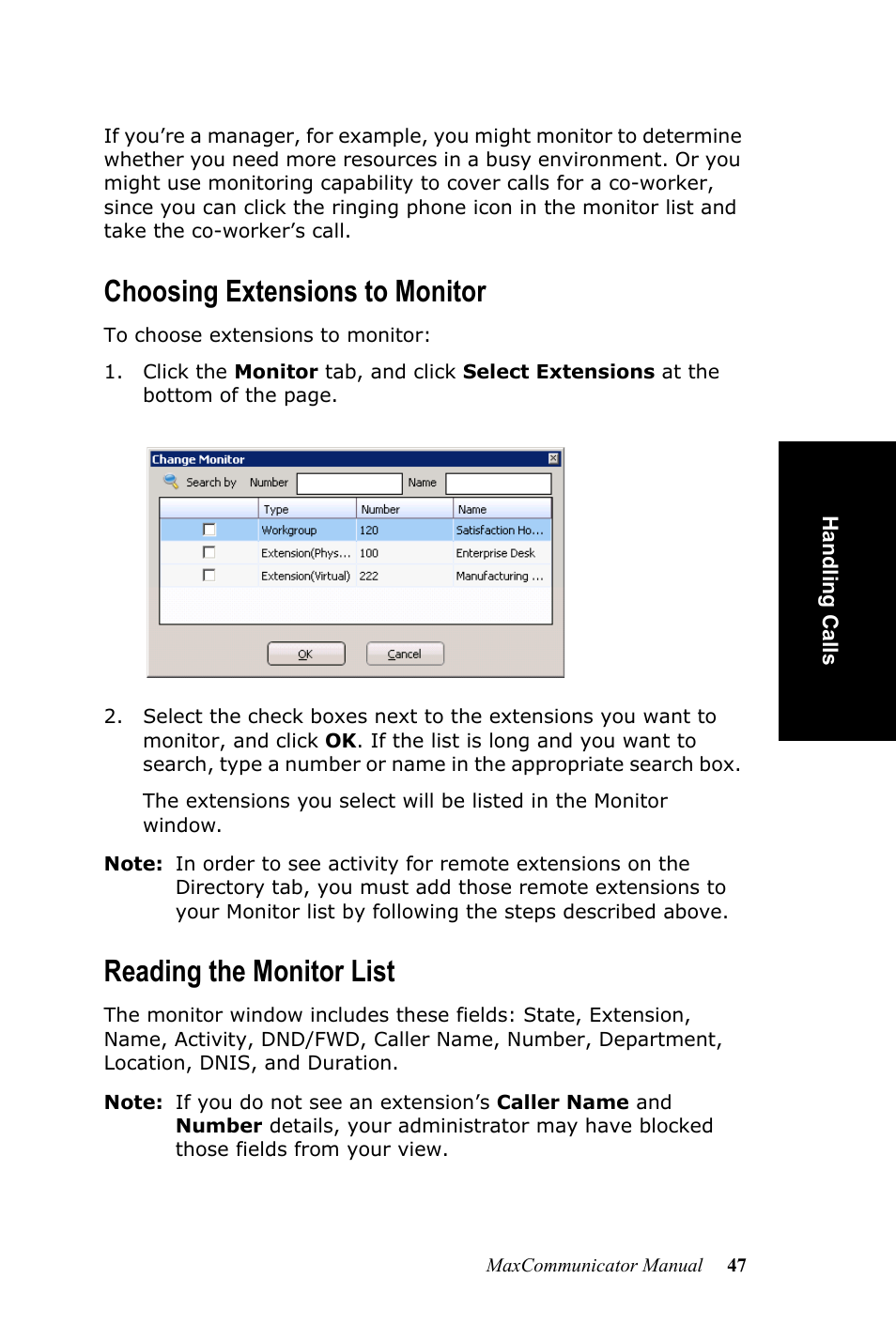 Choosing extensions to monitor, Reading the monitor list | AltiGen MAXCS 7.0 MaxCommunicator User Manual | Page 53 / 87