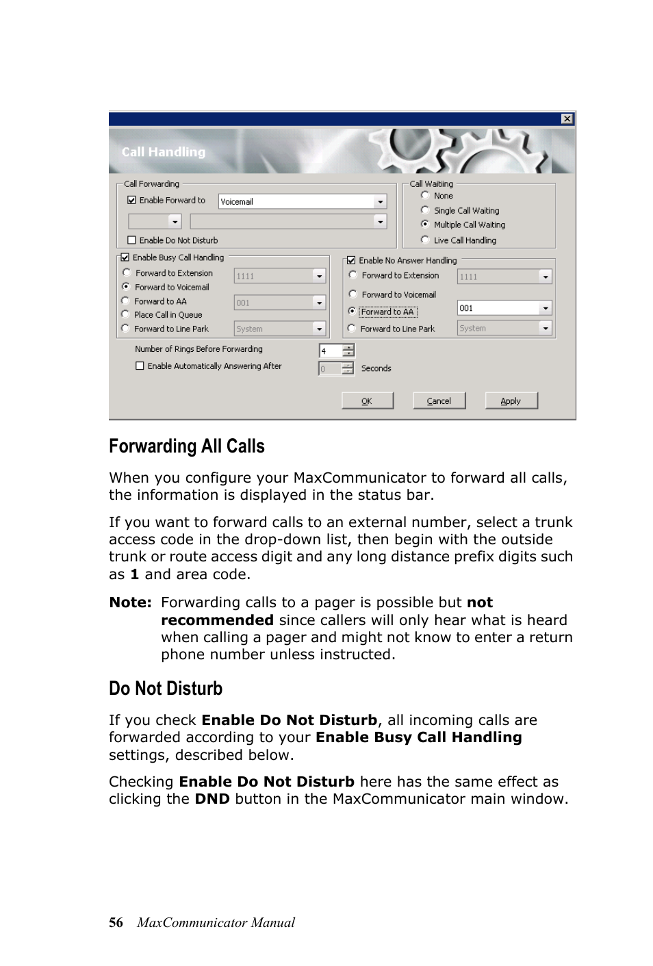 Forwarding all calls, Do not disturb | AltiGen MAXCS 7.0 MaxCommunicator User Manual | Page 62 / 87