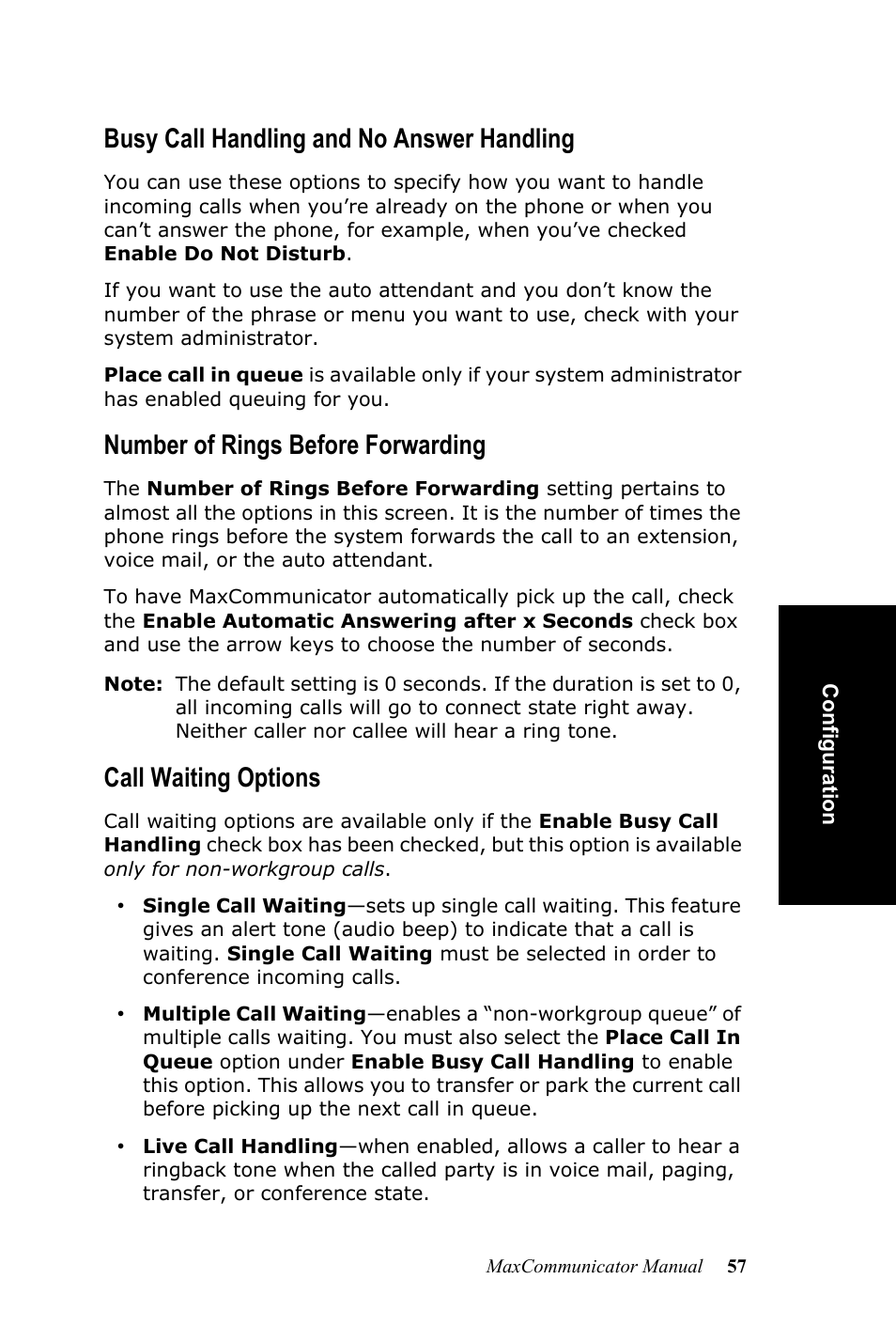 Busy call handling and no answer handling, Number of rings before forwarding, Call waiting options | AltiGen MAXCS 7.0 MaxCommunicator User Manual | Page 63 / 87