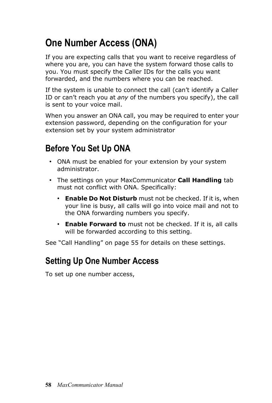 One number access (ona), Before you set up ona, Setting up one number access | Before you set up ona setting up one number access | AltiGen MAXCS 7.0 MaxCommunicator User Manual | Page 64 / 87