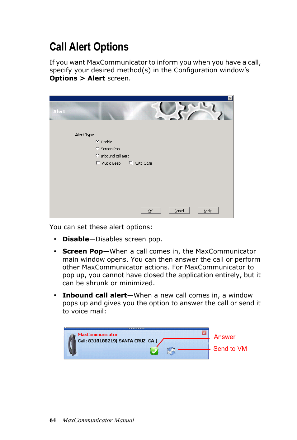 Call alert options | AltiGen MAXCS 7.0 MaxCommunicator User Manual | Page 70 / 87