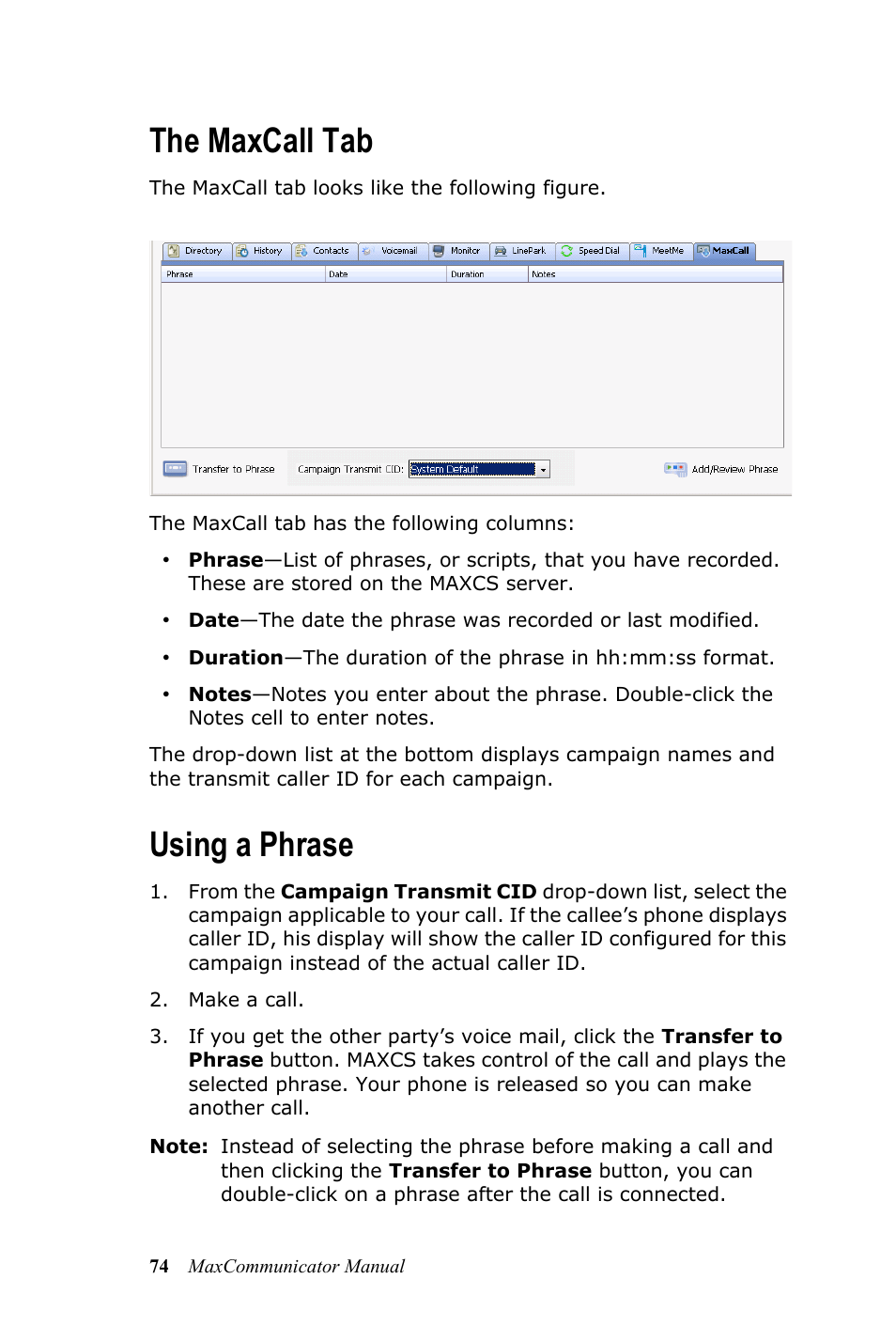 The maxcall tab, Using a phrase, The maxcall tab using a phrase | AltiGen MAXCS 7.0 MaxCommunicator User Manual | Page 80 / 87