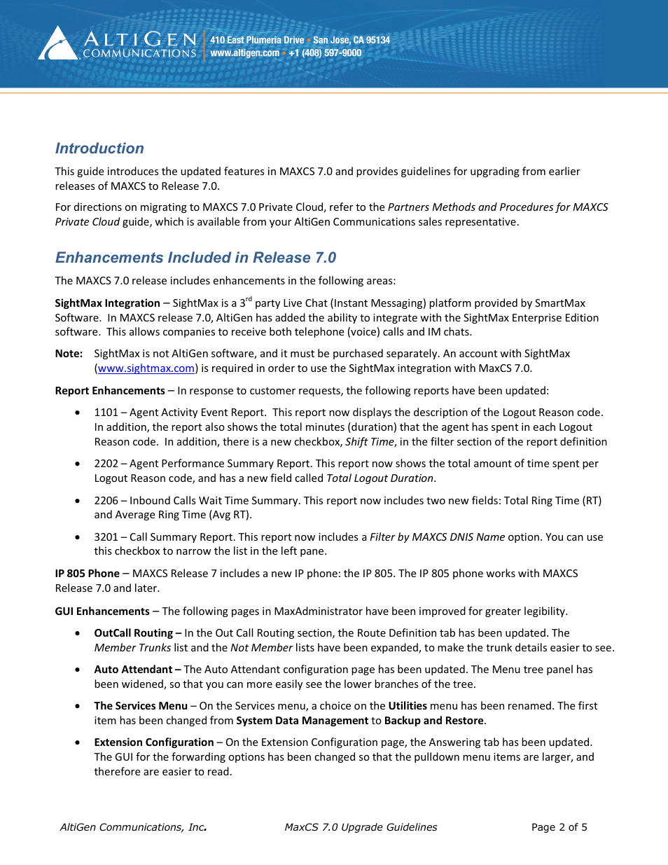 Introduction, Enhancements included in release 7.0 | AltiGen MAXCS 7.0 MaxCS 7.0 Upgrade Guidelines User Manual | Page 2 / 5