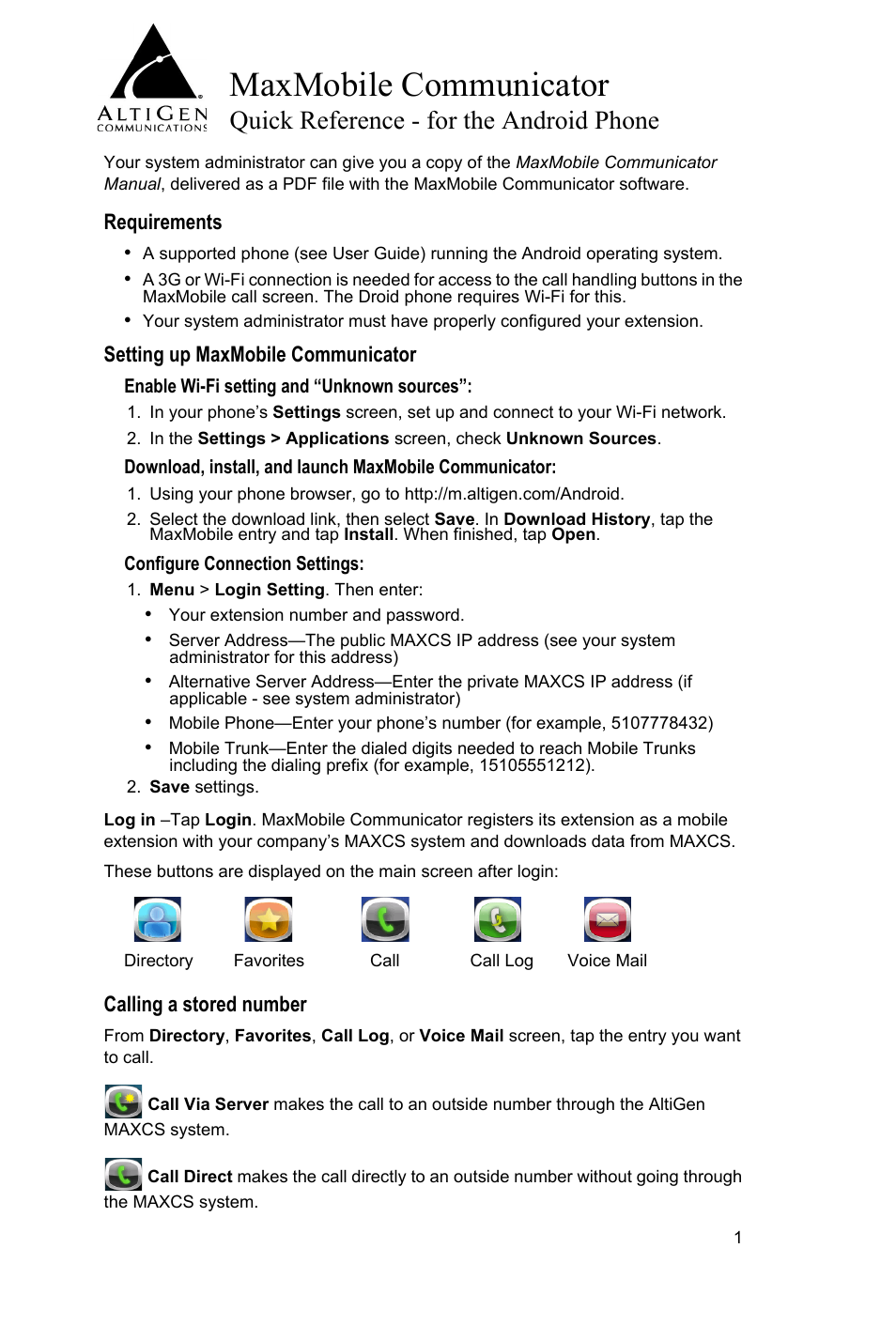 AltiGen MAXCS 7.0 MaxMobile Quick Reference for Android Phone User Manual | 4 pages