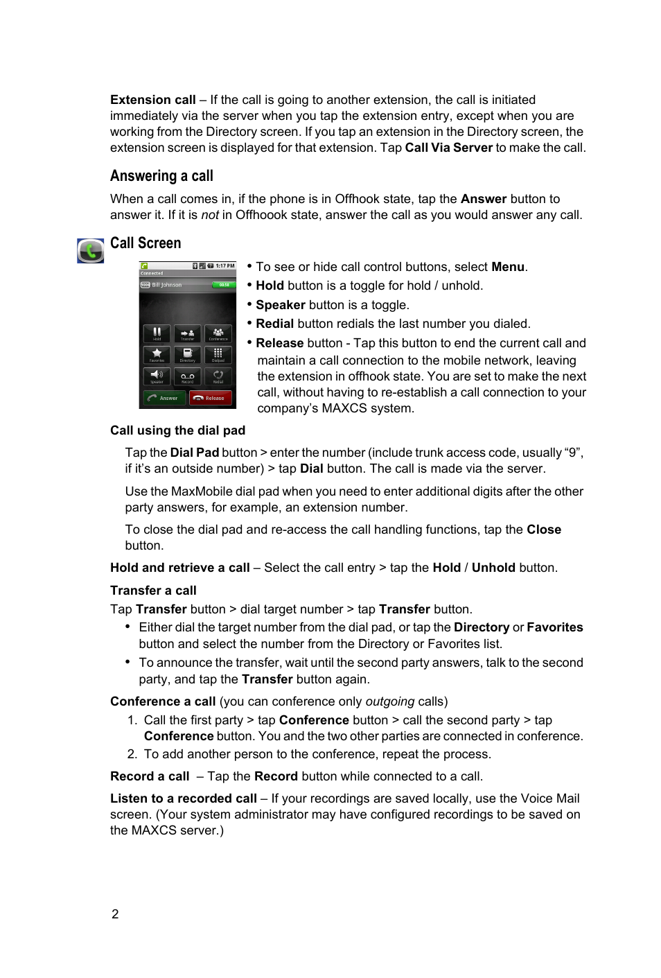 AltiGen MAXCS 7.0 MaxMobile Quick Reference for Android Phone User Manual | Page 2 / 4
