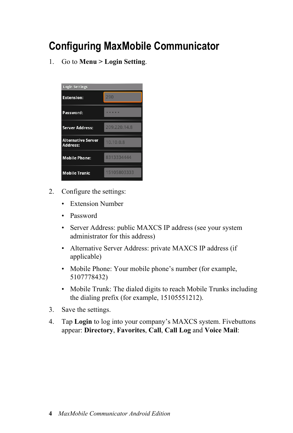 Configuring maxmobile communicator | AltiGen MAXCS 7.0 MaxMobile User Guide for Android Phone User Manual | Page 8 / 24