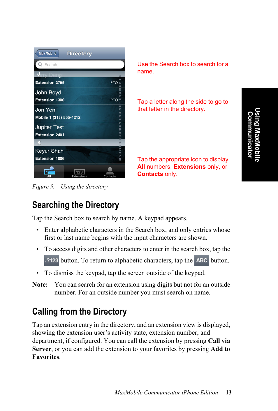 Searching the directory, Calling from the directory, Searching the directory calling from the directory | AltiGen MAXCS 7.0 MaxMobile User Guide for iPhone User Manual | Page 17 / 32