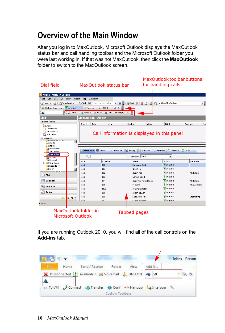 Overview of the main window | AltiGen MAXCS 7.0 MaxOutlook User Manual | Page 16 / 81