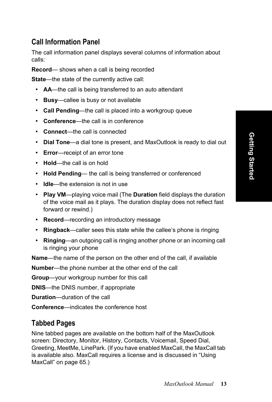 Call information panel, Tabbed pages | AltiGen MAXCS 7.0 MaxOutlook User Manual | Page 19 / 81