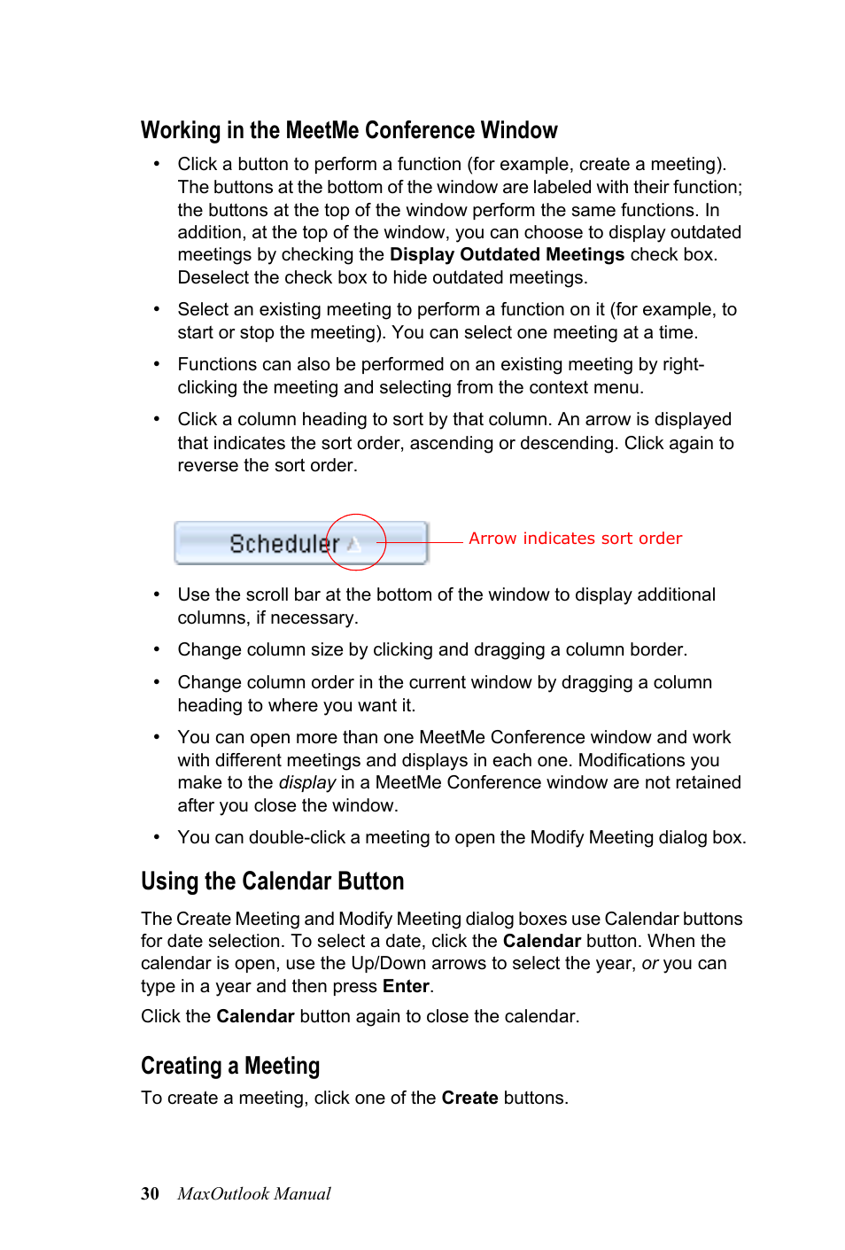 Working in the meetme conference window, Creating a meeting, Using the calendar button | AltiGen MAXCS 7.0 MaxOutlook User Manual | Page 36 / 81